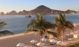 View across the bay to the cape of the bay of Sea of Cortez in Los Cabos, Cabo San Lucas, Mexico