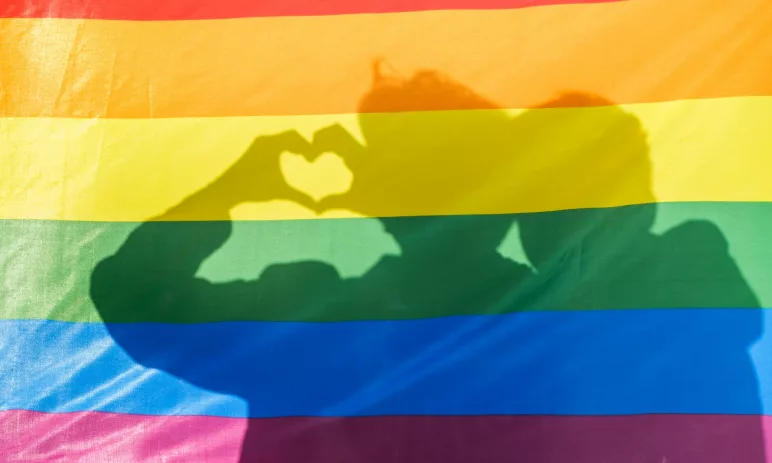 Two shadows of young people behind an lgtbi flag